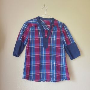 Matix women' 100% cotton deep V-neck purple blue white plaid casual blouse shirt